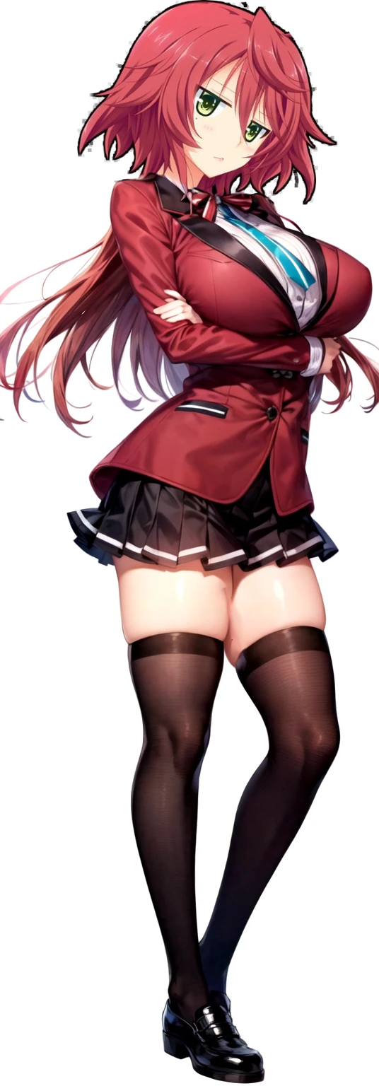 masterpiece, Highest quality, High resolution, , long red hair, Red Bow, Striped ribbon, blazer, Red ugly jacket, Long sleeve,  Big Breasts,Confused eyes,Brown Skirt, Black knee socks, Arms crossed, indoor, classroom