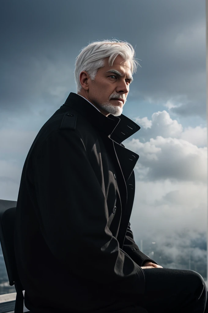 White-haired man wearing black fog White eyes wearing a black-gray coat Sitting and watching the sky while watching a movie at school