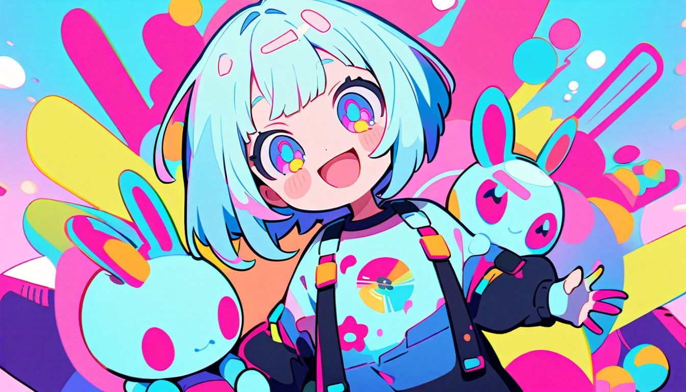 Vibrant art,pop、bright、colorful, 1 female, Light blue hair,　short hair、Happy,cute, animation style, kawaii, clearly, colorful cyberpunk, bubblegum pop, cute、Pink and light blue as main colors、I&#39;m cheering loudly、　Headphonesをしている、Headphones、music、