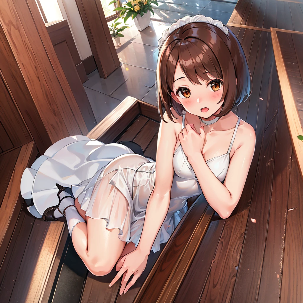 masterpiece, Highest quality, High resolution, Gloria1, 1 Girl, Gloria\(Pokémon\), Brown Hair, , Brown Eyes, , Short Hair, , Bobcut, bangs, , 1Describe a girl carefully 1Girl Expression in love blush Open Mouth blush church Wedding dress(mini skirt)