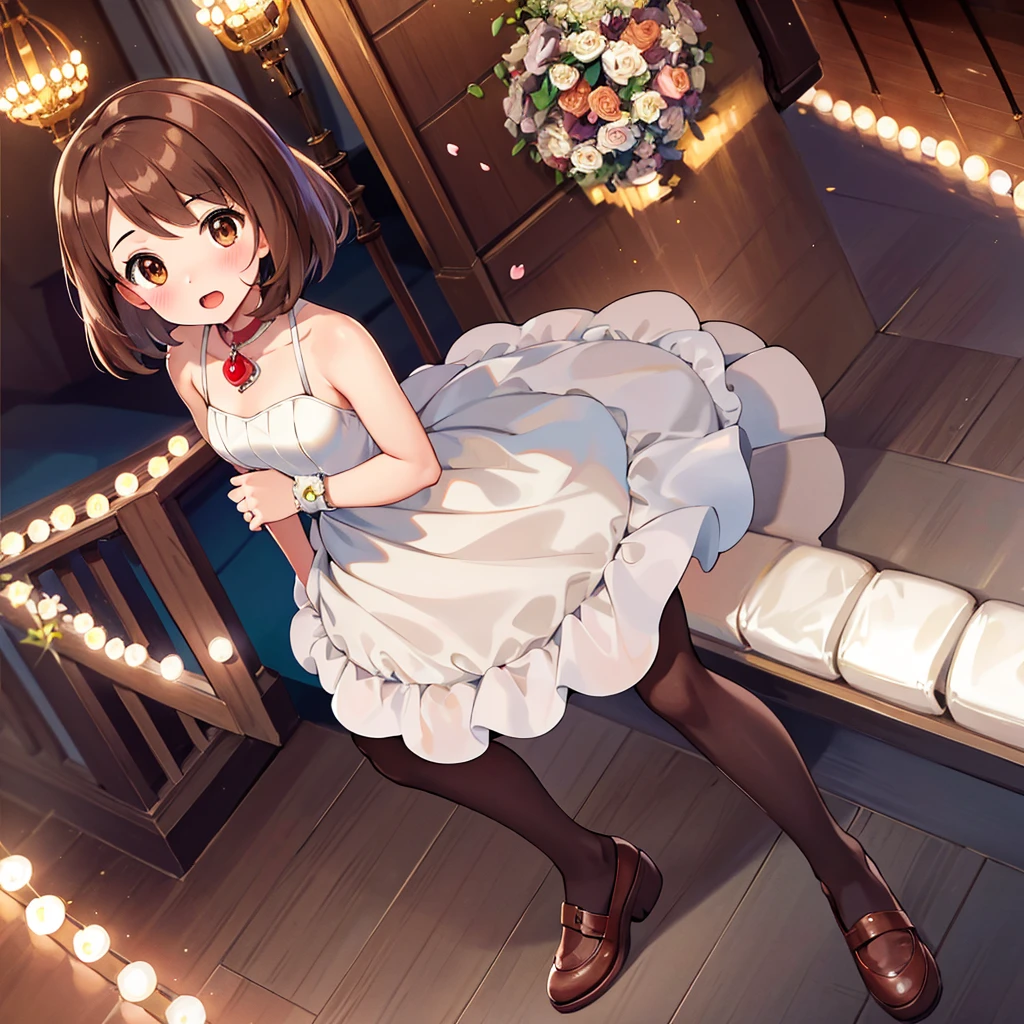 masterpiece, Highest quality, High resolution, Gloria1, 1 Girl, Gloria\(Pokémon\), Brown Hair, , Brown Eyes, , Short Hair, , Bobcut, bangs, , 1Describe a girl carefully 1Girl Expression in love blush Open Mouth blush church Wedding dress(mini skirt)