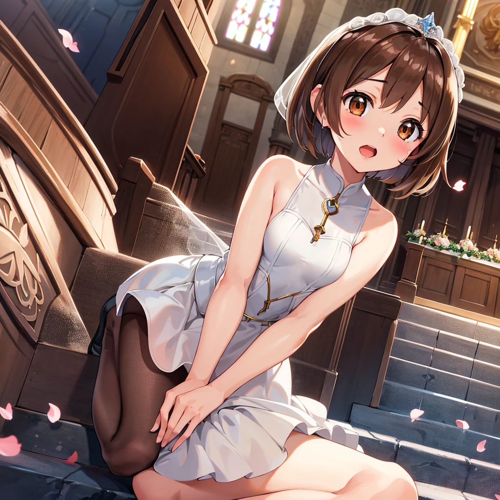 masterpiece, Highest quality, High resolution, Gloria1, 1 Girl, Gloria\(Pokémon\), Brown Hair, , Brown Eyes, , Short Hair, , Bobcut, bangs, , 　１Describe a girl carefully　１Girl　Expression in love　blush　Open Mouth　blush　church　Wedding dress（mini skirt）　