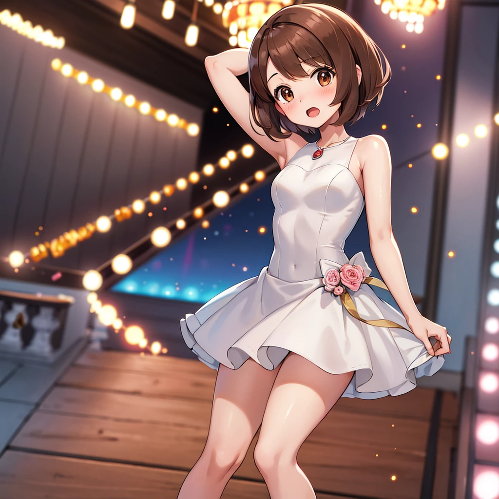 masterpiece, Highest quality, High resolution, Gloria1, 1 Girl, Gloria\(Pokémon\), Brown Hair, , Brown Eyes, , Short Hair, , Bobcut, bangs, , 　１Describe a girl carefully　１Girl　Expression in love　blush　Open Mouth　blush　church　Wedding dress（mini skirt）　