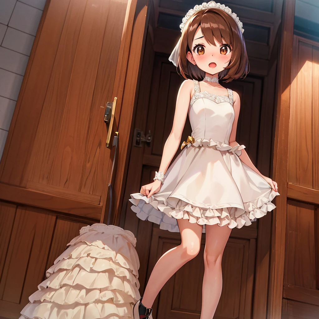 masterpiece, Highest quality, High resolution, Gloria1, 1 Girl, Gloria\(Pokémon\), Brown Hair, , Brown Eyes, , Short Hair, , Bobcut, bangs, , 1Describe a girl carefully 1Girl Expression in love blush Open Mouth blush church Wedding dress(mini skirt)