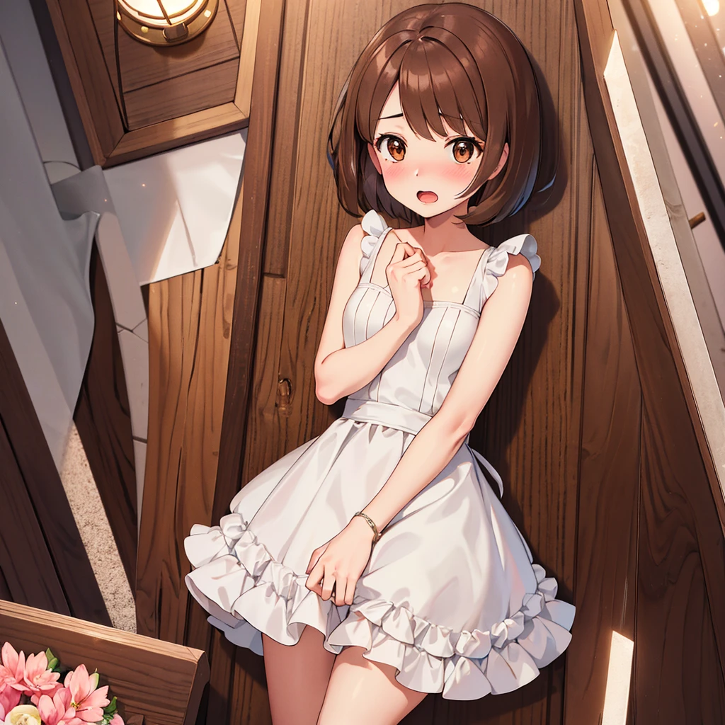 masterpiece, Highest quality, High resolution, Gloria1, 1 Girl, Gloria\(Pokémon\), Brown Hair, , Brown Eyes, , Short Hair, , Bobcut, bangs, , 1Describe a girl carefully 1Girl Expression in love blush Open Mouth blush church Wedding dress(mini skirt)
