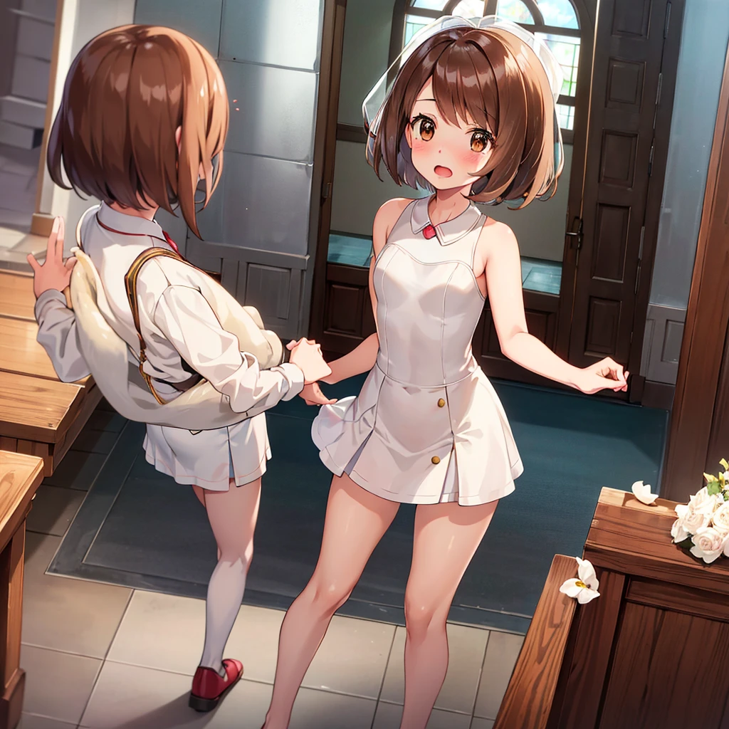 masterpiece, Highest quality, High resolution, Gloria1, 1 Girl, Gloria\(Pokémon\), Brown Hair, , Brown Eyes, , Short Hair, , Bobcut, bangs, , 1Describe a girl carefully 1Girl Expression in love blush Open Mouth blush church Wedding dress(mini skirt)