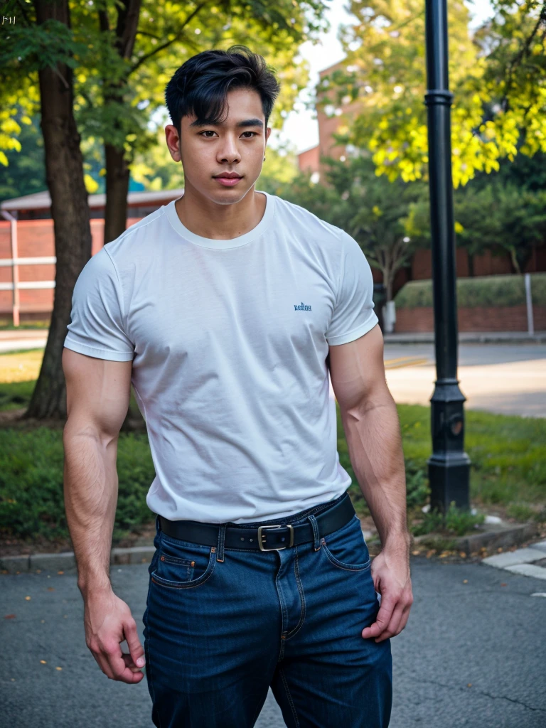 a young asian man, 20 years old, wearing a shirt and pants, dynamic movement pose, big pecs, (best quality,4k,8k,highres,masterpiece:1.2),ultra-detailed,(realistic,photorealistic,photo-realistic:1.37),HDR,UHD,rim lighting,ultra-fine painting,sharp focus,physically-based rendering,extreme detail description,professional,soft colors,bokeh,portrait,photography