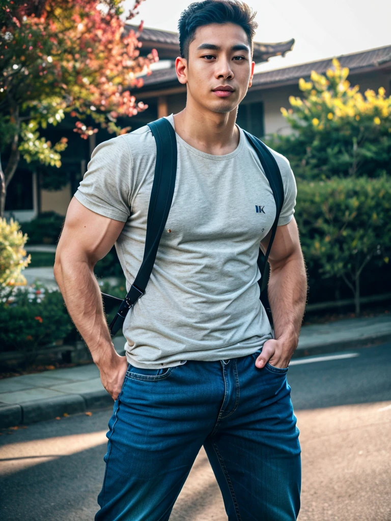 a young asian man, 20 years old, wearing a shirt and pants, dynamic movement pose, big pecs, (best quality,4k,8k,highres,masterpiece:1.2),ultra-detailed,(realistic,photorealistic,photo-realistic:1.37),HDR,UHD,rim lighting,ultra-fine painting,sharp focus,physically-based rendering,extreme detail description,professional,soft colors,bokeh,portrait,photography