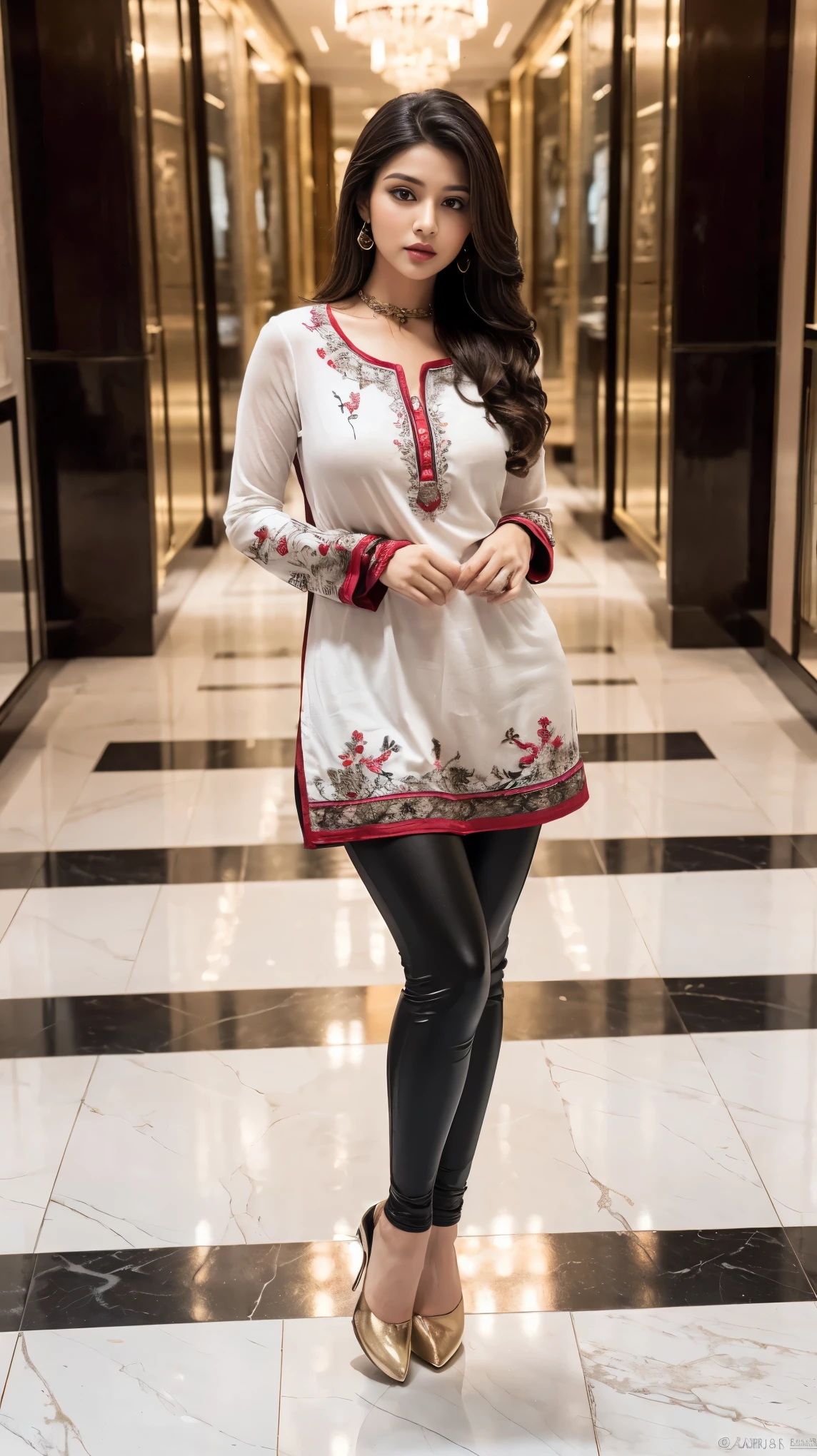 (gir in luxurious mall, shopping mall, luxurious Mall, luxurious place),
(((Full body shot:1.5))), (Indian babe), (wide standing position:0.8), (looking at viewers, front view shots), (masterpiece, hyper realistic, hyper detailed, photorealists:0.8), 1girl, 20 years old lady, 16k, FHD, UHD, high quality pictures, extremely detailed, candid brightness, candid shots, extreme detailed, colorful, highest detailed, (iconic picture shot, perfect brightness, perfect contrast, perfect colour), (pretty face, iconic face), (detailed face, detailed eye, detailed lips, detailed neck, ultra realistic face, ultra realistic eye, ultra realistic lips), (attractive hair style, detailed hair style), (sagging perky breasts, perfect rounded breasts, attractive breasts), (attractive body figure, perfect body figure, perfect figure, curvy_figure attractive, hourglass body), (beautiful High heels, fancy high heels:0.8), 
(beautiful girl in Indian outfits), 
(beautiful and aesthetic:1.2), 
((Masterpiece straight-line kurta, luxurious kurta, iconic kurta), (fancy A-line kurta), (embroidery red kurta), red iconic kurta, flared kurta, long skinny sleeves, ruffled neck kurta, fancy leggings, black leggings).