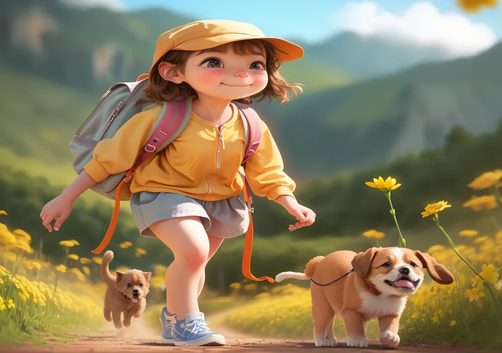 Prompt: An incredibly charming  carrying a backpack, accompanied by her adorable puppy, enjoying a lovely spring outing surrounded by beautiful yellow flowers and natural scenery. The illustration is in high definition at 4k resolution, with highly-detailed facial features and cartoon-style visuals.without clothes, body without clothes, show body 