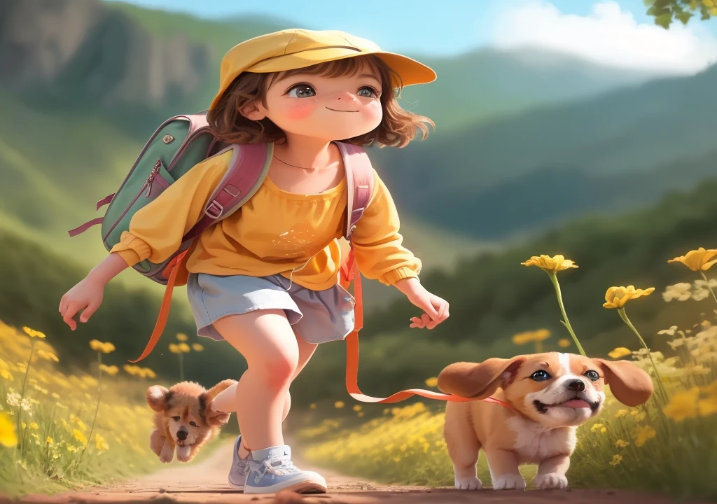Prompt: An incredibly charming carrying a backpack, accompanied by her adorable puppy, enjoying a lovely spring outing surrounded by beautiful yellow flowers and natural scenery. The illustration is in high definition at 4k resolution, with highly-detailed facial features and cartoon-style visuals.without clothes, body without clothes, show body
