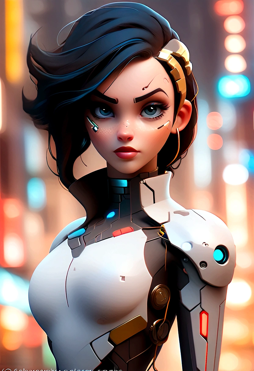 "Cyborg girl with metallic features, glowing blue eyes, and futuristic attire, in a dystopian cityscape at night. Add a sense of mystery and intrigue with a dark color palette, neon lights, and cyberpunk elements. Emphasize the contrast between technology and humanity, blending organic and mechanical elements seamlessly. Capture the essence of a cybernetic world with detailed textures, intricate circuitry, and reflections on the metallic surfaces. Aim for a high-quality and visually captivating illustration that showcases the futuristic cyborg concept."