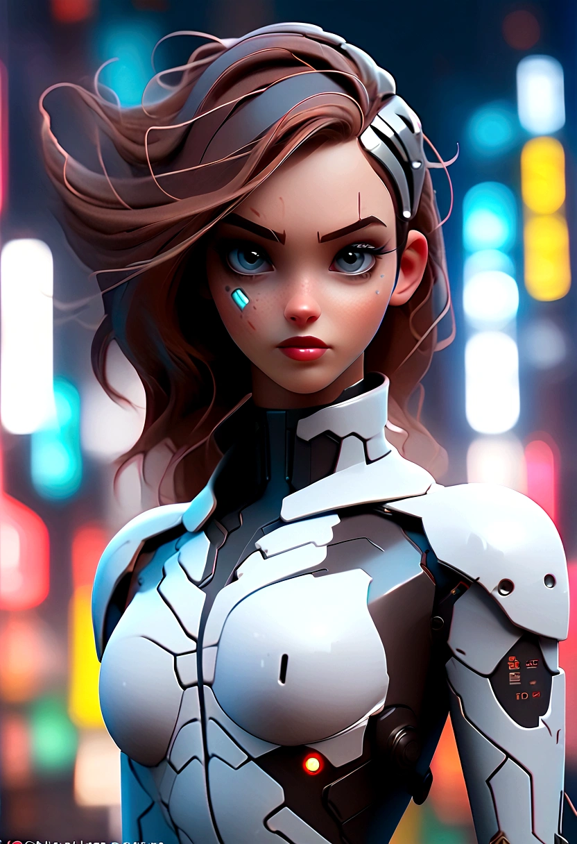 "Cyborg girl with metallic features, glowing blue eyes, and futuristic attire, in a dystopian cityscape at night. Add a sense of mystery and intrigue with a dark color palette, neon lights, and cyberpunk elements. Emphasize the contrast between technology and humanity, blending organic and mechanical elements seamlessly. Capture the essence of a cybernetic world with detailed textures, intricate circuitry, and reflections on the metallic surfaces. Aim for a high-quality and visually captivating illustration that showcases the futuristic cyborg concept."