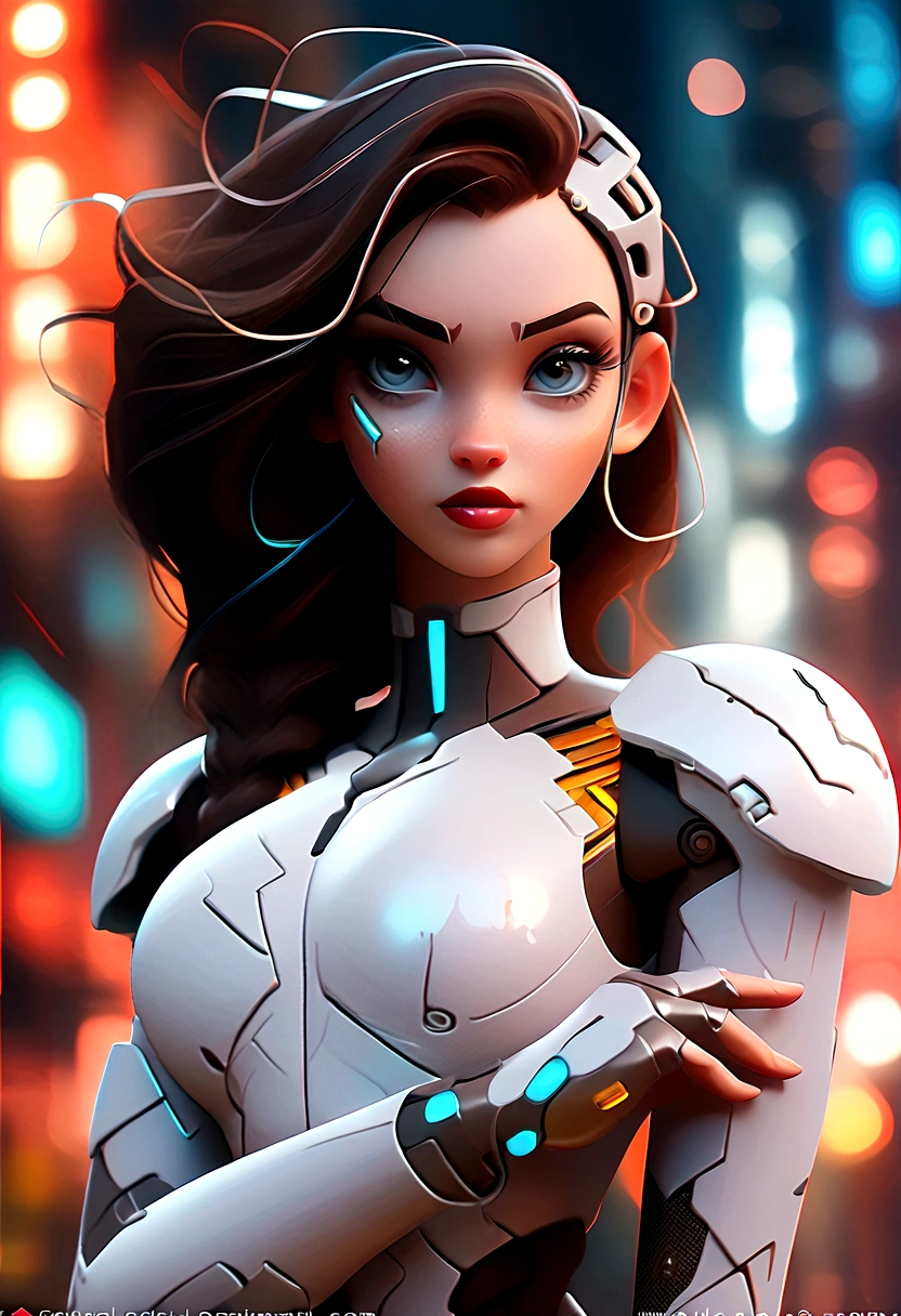 "Cyborg girl with metallic features, glowing blue eyes, and futuristic attire, in a dystopian cityscape at night. Add a sense of mystery and intrigue with a dark color palette, neon lights, and cyberpunk elements. Emphasize the contrast between technology and humanity, blending organic and mechanical elements seamlessly. Capture the essence of a cybernetic world with detailed textures, intricate circuitry, and reflections on the metallic surfaces. Aim for a high-quality and visually captivating illustration that showcases the futuristic cyborg concept."