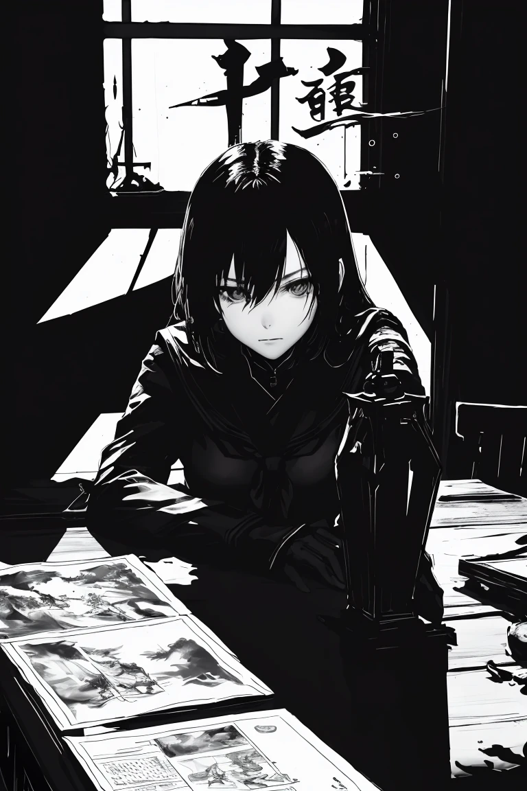 style v5lcn,ink art,(Best quality,table:1.2),(black and white comic core:1.1),(extremely high contrast),Dark ink,1 girl in,Dark-haired,Shadow on the face、8 k,Permission,high school student,sailor uniform,