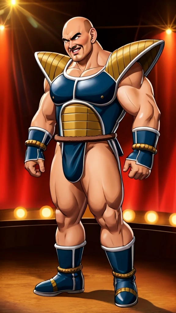 nappa, male focus, solo,cowboy shot, 1boy, bald, muscular male, abs ,black vambraces, veins, pectorals, thighs, black eyes, shoulder armor , knee armor , nipple , mustache, ( Nude ) , tail around waist, (best quality, masterpiece) , NSFW , BDSM , full body , boxing gloves , black boots , strip club stage , blushing face , ashamed face