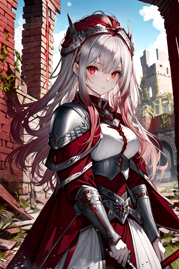 White skined young woman. Siren eyes.bright red eyes. Long curly hair. Maroon red hair color. Wearing silver armor and holding a sword. She has a fantasy-style silver accessory on her head, castle ruins background