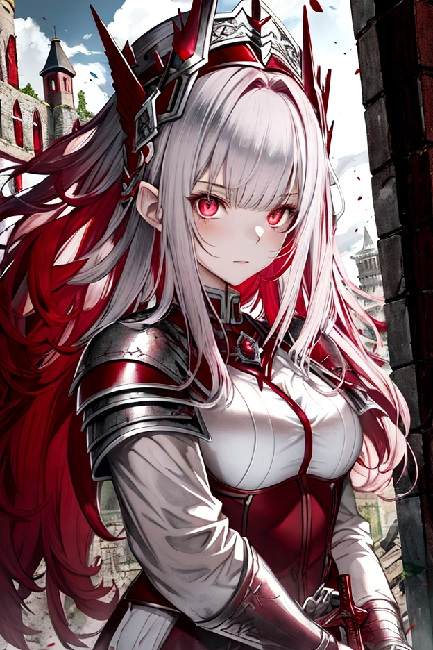 White skined young woman. Siren eyes.bright red eyes. Long curly hair. Maroon red hair color. Wearing silver armor and holding a sword. She has a fantasy-style silver accessory on her head, castle ruins background