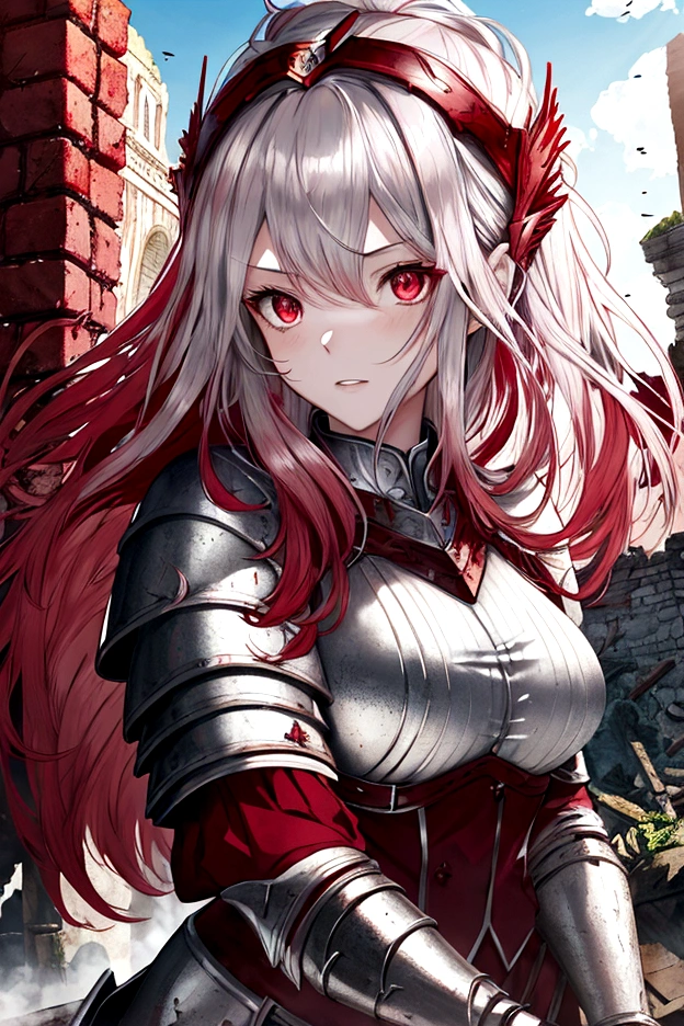 White skined young woman. Siren eyes.bright red eyes. Long curly hair. Maroon red hair color. Wearing silver armor and holding a sword. She has a fantasy-style silver accessory on her head, castle ruins background