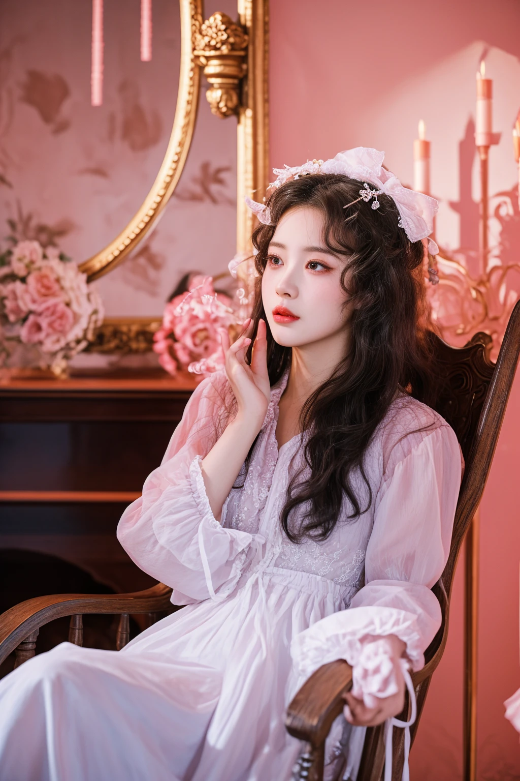 there is a woman sitting in a chair in a room, rococo queen, palace ， a girl in hanfu, belle delphine, portrait of lolita, dreamy atmosphere and drama, portrait of magical lolita girl, lovely languid princess, rococo style portrait, sha xi, portrait shot, shot with canon eoa 6 d mark ii