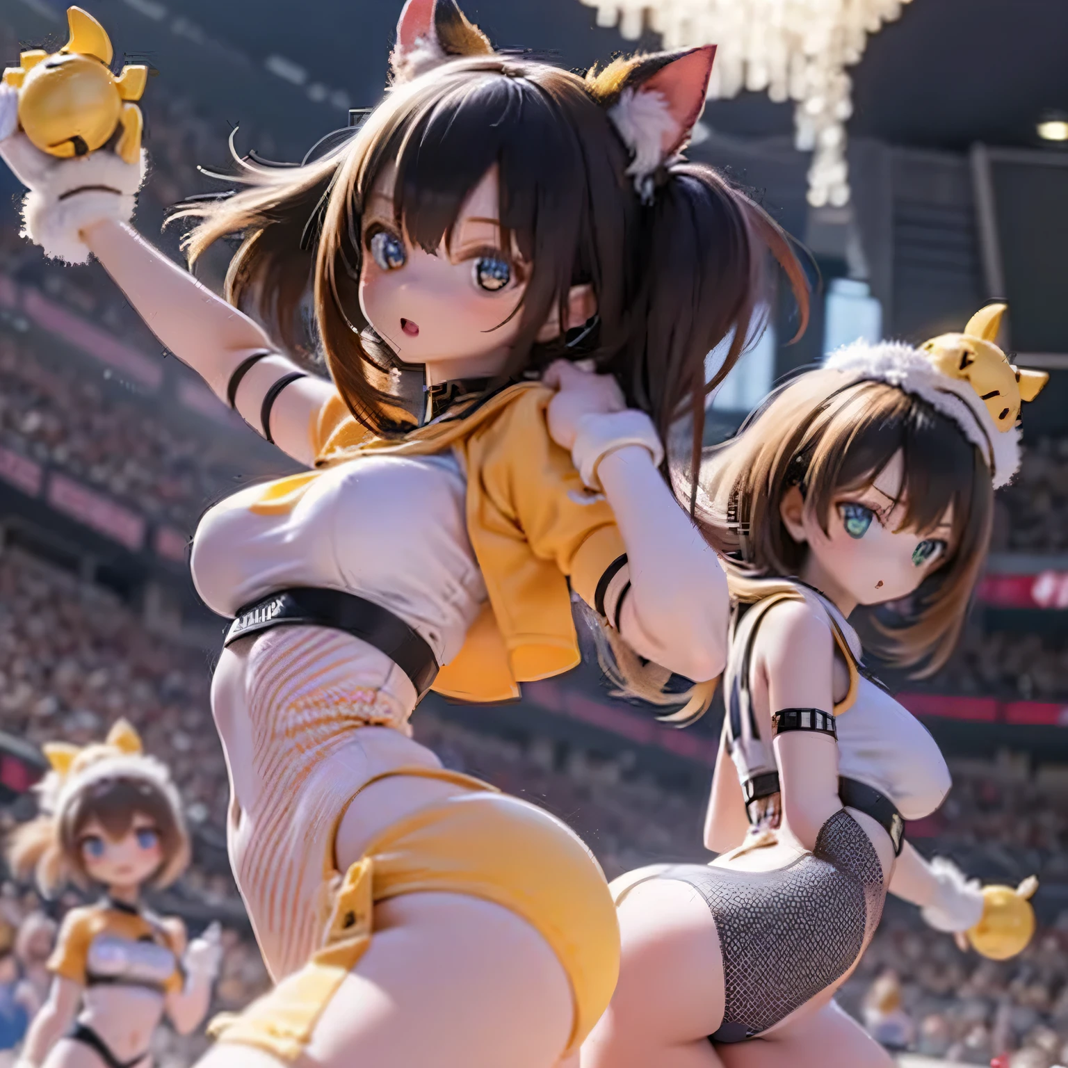 A group of wildcat 女の子s in cute athletics uniforms, have large breasts, Attending a sporting event. The girls are energetic and enthusiastic, Show off your athleticism on the field. Their uniforms are bright and fitting..., Emphasize numbers. The athletics stadium is a dynamic stage, 女の子s are running, Jumping, And compete with each other. The workplace is full of excitement and competition... Image quality is excellent, Highly detailed and realistic visuals. The colors are vivid and vibrant, Enhance the overall appeal of the image. The lighting is bright, Showcasing the energy and intensity of sporting events.Girl masterpiece,best quality,very athletic