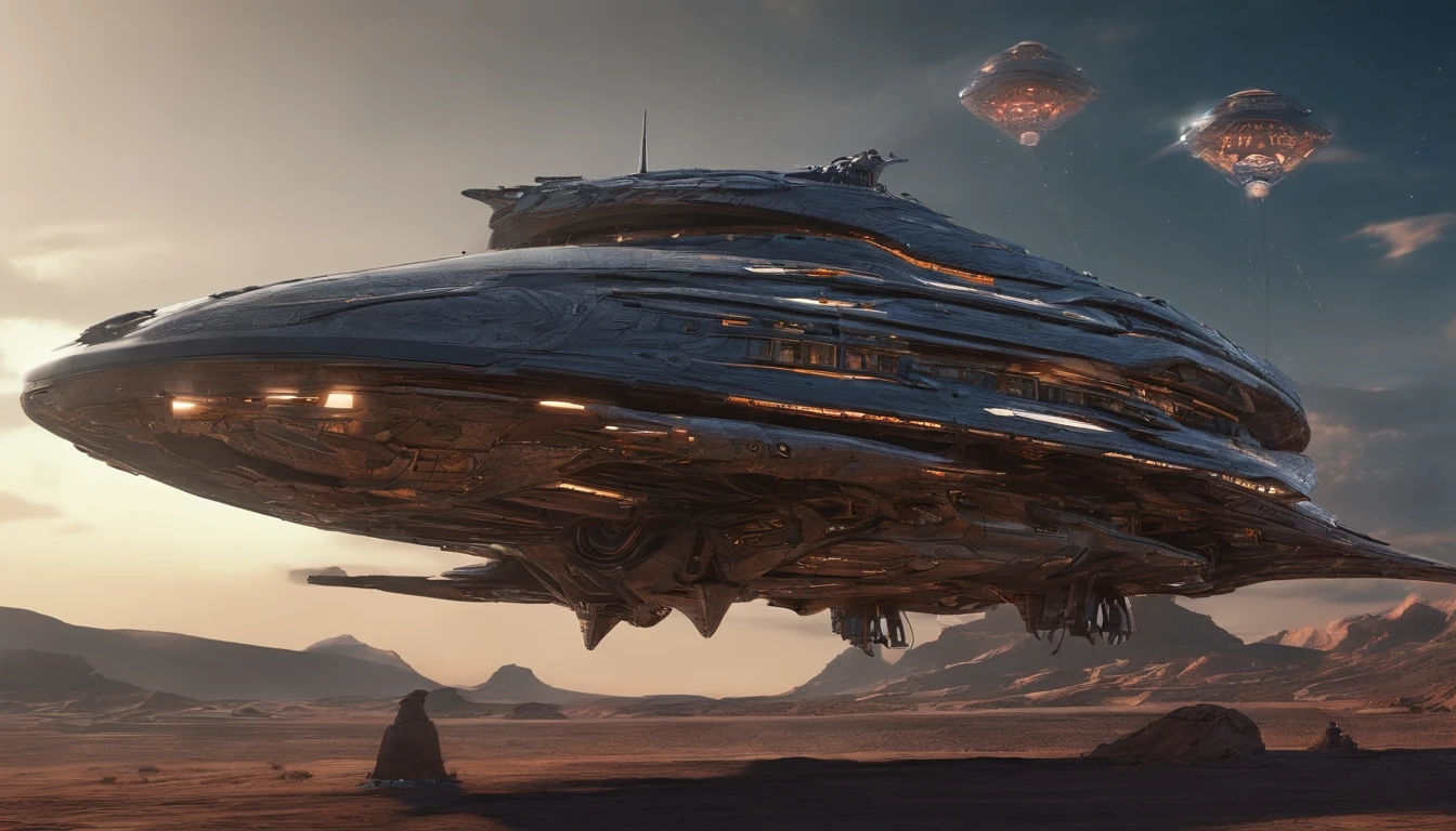 In this awe-inspiring blend of medieval-inspired and futuristic elements, a unique Gothic starship takes center stage, designed by the genius imagination of Edgar Rice Burroughs. The starship is an amalgamation of iconic vehicles from different eras, including a 1980 Lamborghini, a 1960s Shelby Mustang, and a 1974 Winnebago. The ship's journey through the vast expanse near a Saturn-Earth-esque planet is brought to life in stunning 750k UHD.
The intricate motherboard forms the backbone of the vessel, culminating in an imposing bat's head at the front. The ship's powerful artillery is visible in the background, while blue crystal diamond bat ear nacelles adorn the rear. This captivating artwork seamlessly blends Gothic elements and futuristic starship designs.