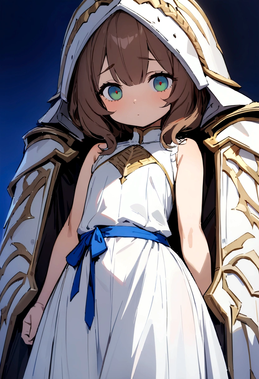 ((Masterpiece)), (((best quality))), hips wide open, ((Beetle eyes wide open blue colour)), long brown hair, ((shot White dress)), (((Paladin))), (()), (Bored), (cute),