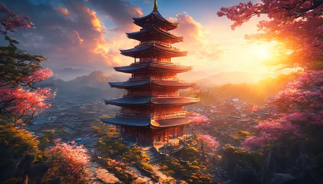 backgroundสไตล์จีน, backgroundภูเขานิกายเซียนอมตะ, Immortal Light, slightly elevated view, ((background:1.8)) (Highest quality,Masterpiece, complicated,very detailed,realistic,raw photos,8k ultra hd,Ultra high resolution,photorealistic style,cinematic scene, Sharp focus,incredible light,very detailed CG ユニティ壁紙) ,Sew,tower,sunrise,