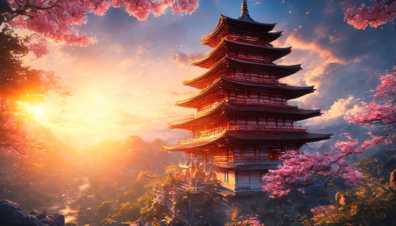 backgroundสไตล์จีน, backgroundภูเขานิกายเซียนอมตะ, Immortal Light, slightly elevated view, ((background:1.8)) (Highest quality,Masterpiece, complicated,very detailed,realistic,raw photos,8k ultra hd,Ultra high resolution,photorealistic style,cinematic scene, Sharp focus,incredible light,very detailed CG ユニティ壁紙) ,Sew,tower,sunrise,