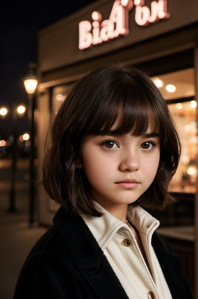 Sad face, 15 year old girl, big brown eyes, look innocent, white skin, rosy cheeks, bob haircut, wavy dark hair, bang, wearing long black coat, dress, at night cafe