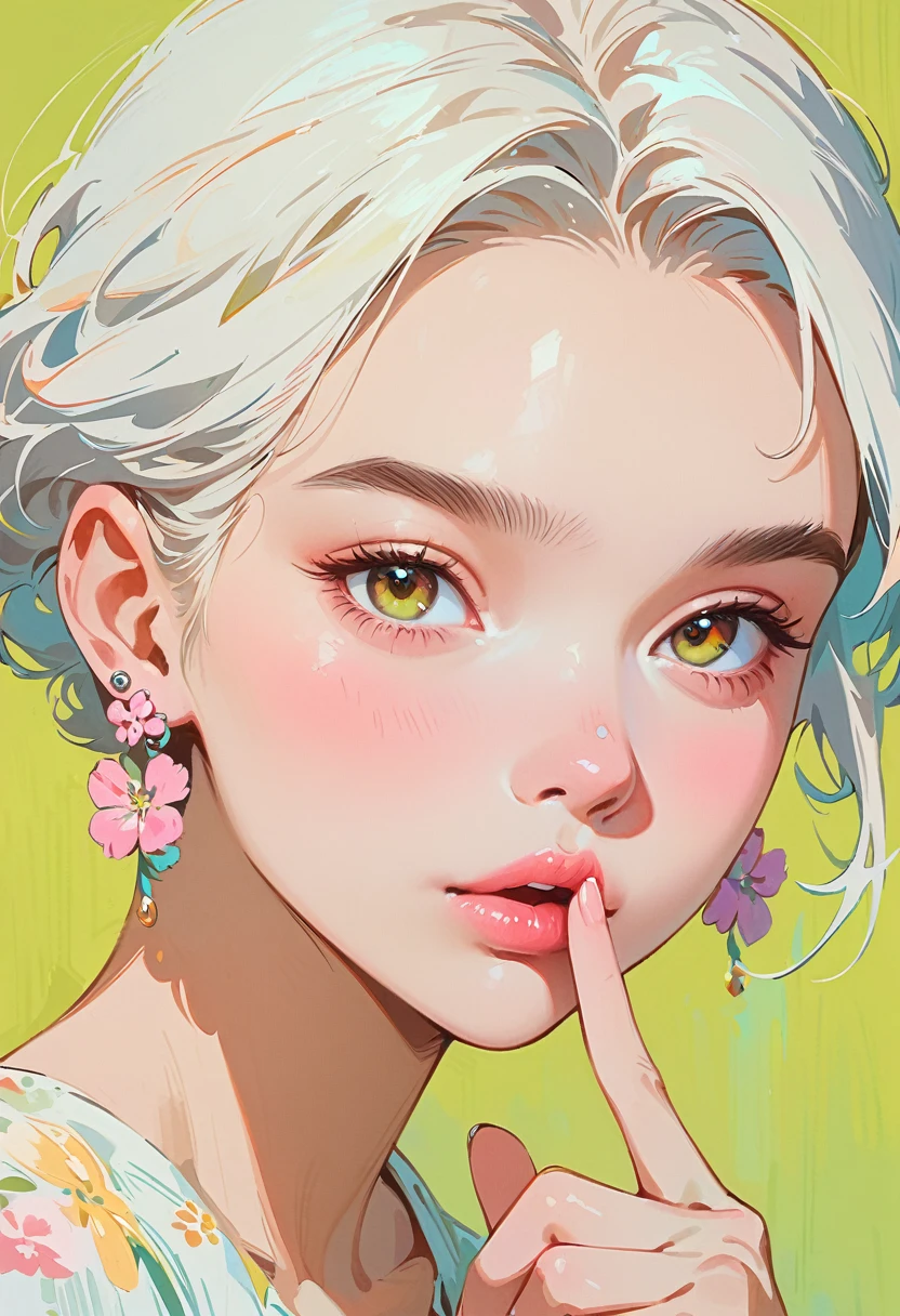 (masterpiece, best quality:1.2), 1 girl, Solitary,anime style,White hair, Girl with pink lips and light floral earrings puts finger on mouth,With the style of a top portrait painter, Yellow-green background.