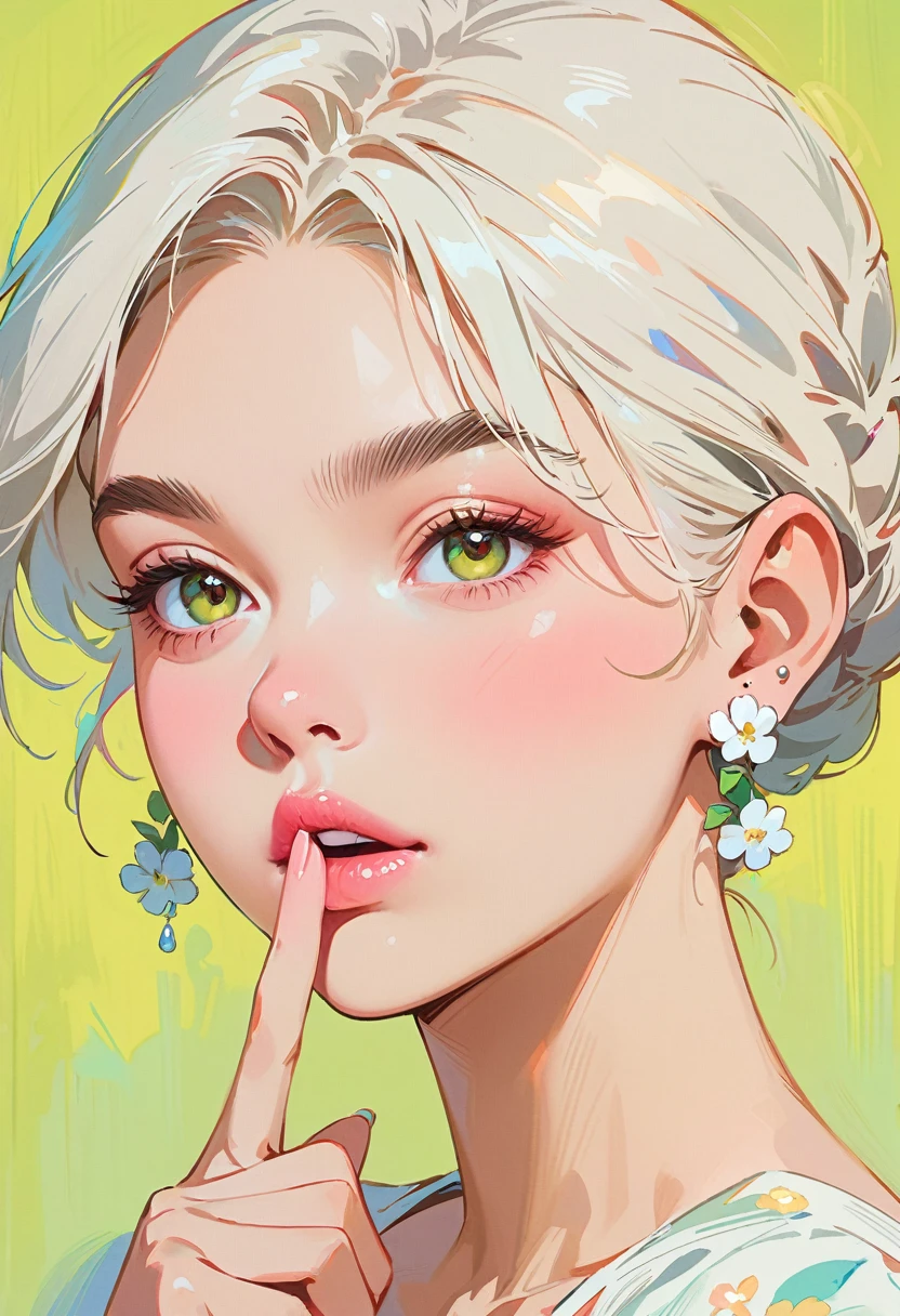(masterpiece, best quality:1.2), 1 girl, Solitary，anime style，White hair, Girl with pink lips and light floral earrings puts finger on mouth，With the style of a top portrait painter, Yellow-green background.