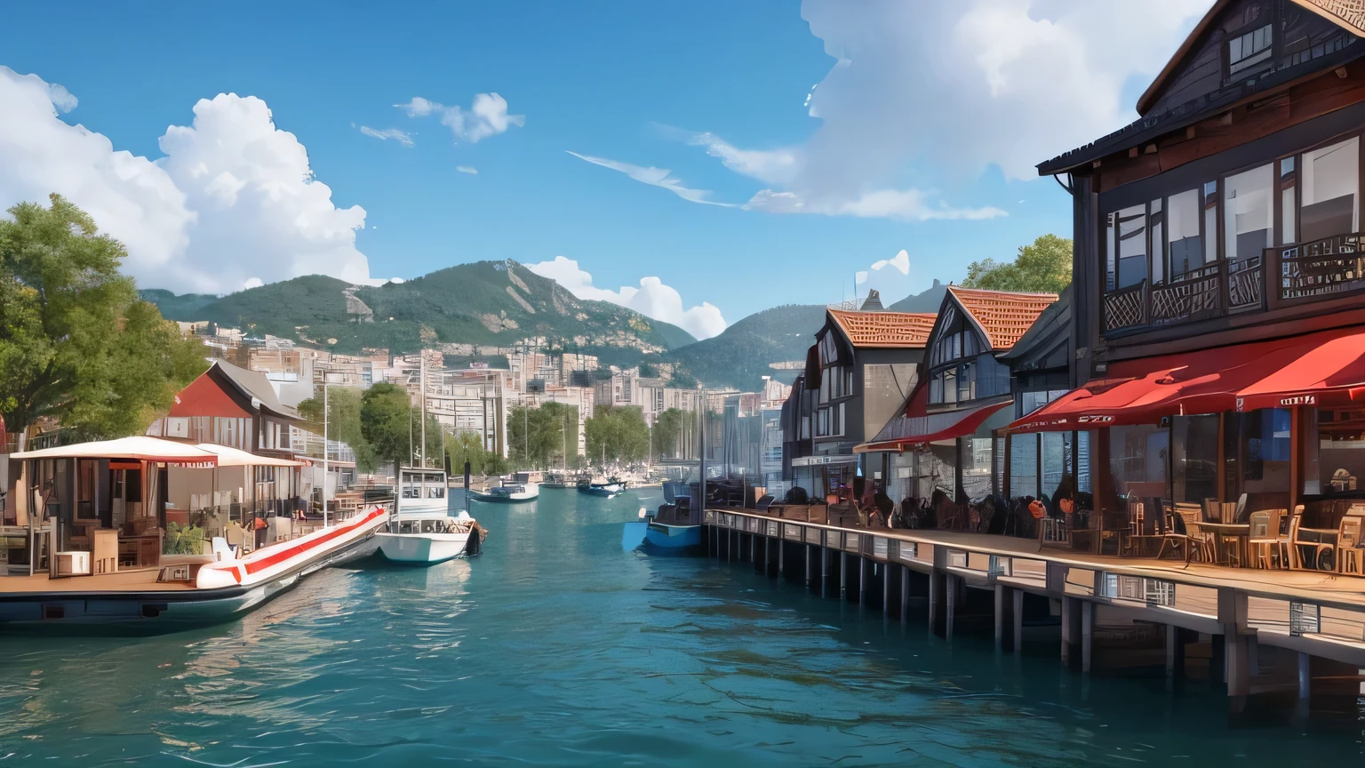 Café on a boat in the harbour, Bold and Eye-catching Graphics, Dynamic angles, Realistic, photorealistic,
