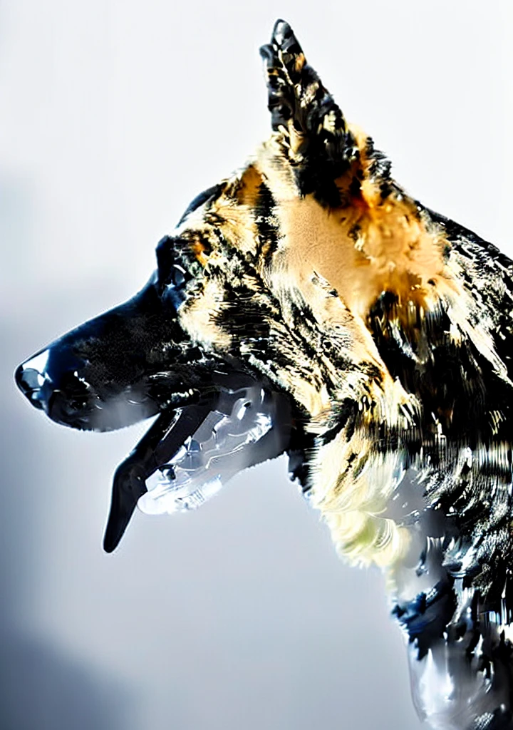 A glass sculpture of a handsome German shepherd, Canine, made from shiny transparent glass, is a masterpiece.