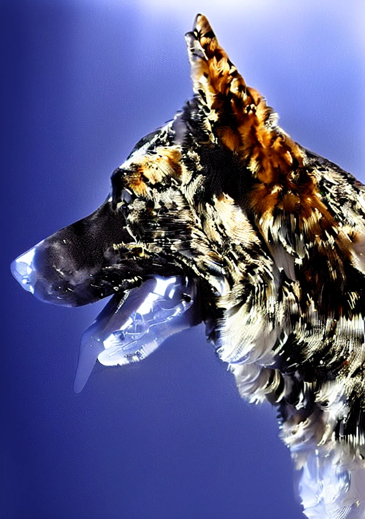 A glass sculpture of a handsome German shepherd, Canine, made from shiny transparent glass, is a masterpiece.