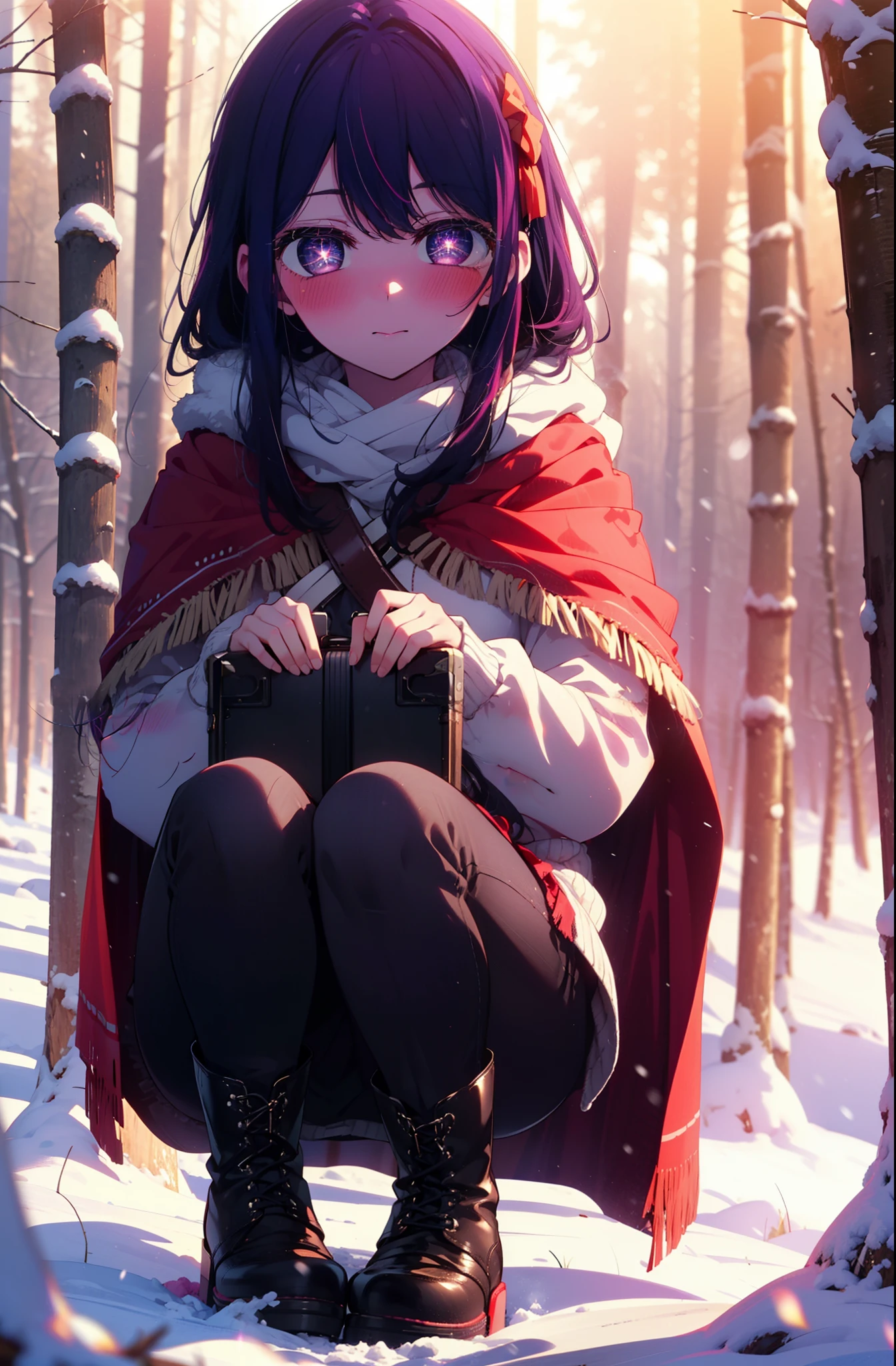 aihoshino, Ai Hoshino, Long Hair, bangs, (Purple eyes:1.1), Purple Hair, (Symbol-shaped pupil:1.5), smile,,smile,blush,White Breath,
Open your mouth,snow,Ground bonfire, Outdoor, boots, snowing, From the side, wood, suitcase, Cape, Blurred, , forest, White handbag, nature,  Squat, Mouth closed, Cape, winter, Written boundary depth, Black shoes, red Cape break looking at viewer, Upper Body, whole body, break Outdoor, forest, nature, break (masterpiece:1.2), Highest quality, High resolution, unity 8k wallpaper, (shape:0.8), (Beautiful and beautiful eyes:1.6), Highly detailed face, Perfect lighting, Highly detailed CG, (Perfect hands, Perfect Anatomy),