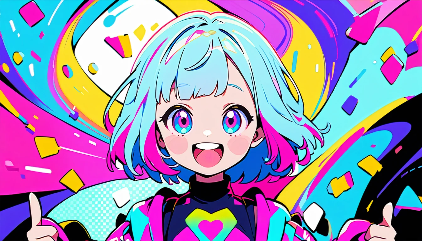 Vibrant art,pop、bright、colorful, 1 female, Light blue hair,　short hair、Happy,cute, animation style, kawaii, clearly, colorful cyberpunk, bubblegum pop, cute、Pink and light blue as main colors、I&#39;m cheering loudly、　Headphonesをしている、Headphones、music、