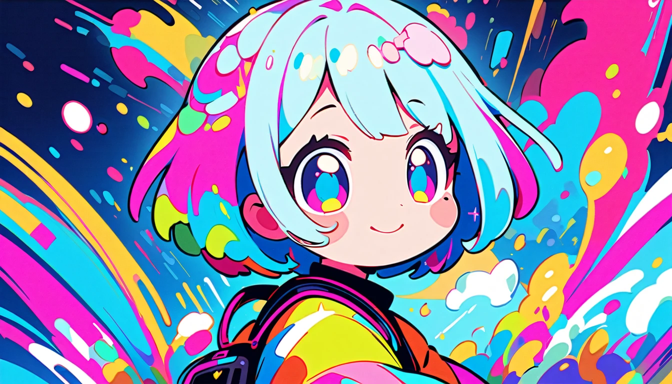 Vibrant art,pop、bright、colorful, 1 female, Light blue hair,　short hair、Happy,cute, animation style, kawaii, clearly, colorful cyberpunk, bubblegum pop, cute、Pink and light blue as main colors、I&#39;m cheering loudly、　Headphonesをしている、Headphones、music、