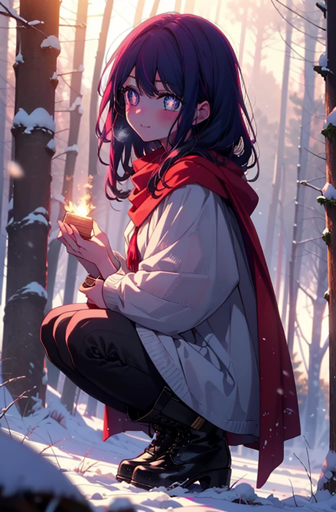 aihoshino, Ai Hoshino, Long Hair, bangs, (Purple eyes:1.1), Purple Hair, (Symbol-shaped pupil:1.5), smile,,smile,blush,White Breath,
Open your mouth,snow,Ground bonfire, Outdoor, boots, snowing, From the side, wood, suitcase, Cape, Blurred, , forest, White handbag, nature,  Squat, Mouth closed, Cape, winter, Written boundary depth, Black shoes, red Cape break looking at viewer, Upper Body, whole body, break Outdoor, forest, nature, break (masterpiece:1.2), Highest quality, High resolution, unity 8k wallpaper, (shape:0.8), (Beautiful and beautiful eyes:1.6), Highly detailed face, Perfect lighting, Highly detailed CG, (Perfect hands, Perfect Anatomy),