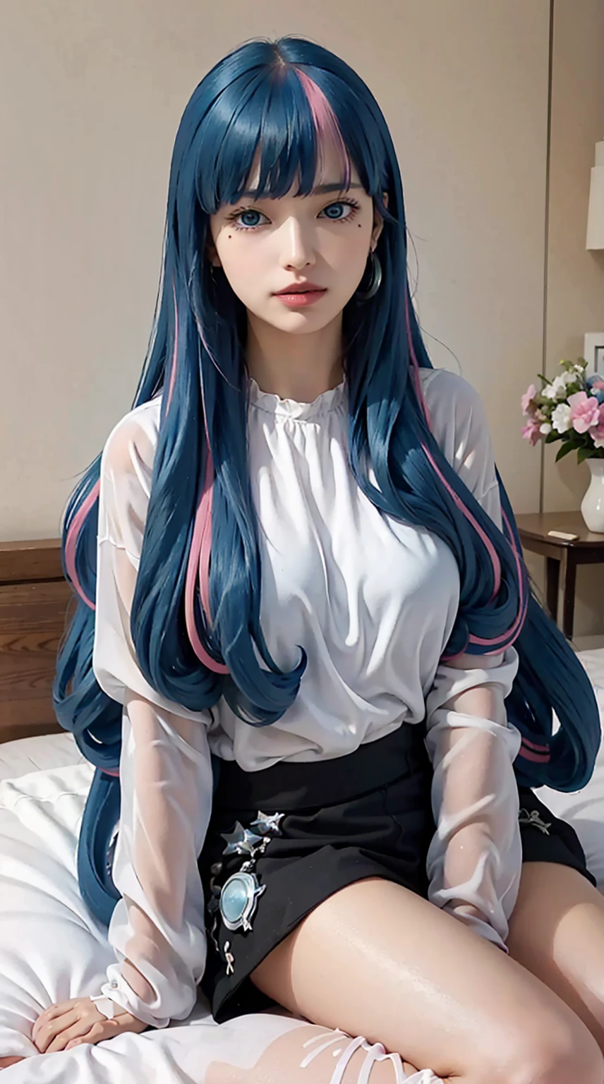 eida, long hair, bangss, blue colored eyes, very long hair, hair blue, pink hair, multicolored hair, aretes, blunt bangss, two tone hair, hair with highlights, comely, comely woman, perfectbody, perfect shaped breasts, vestindo nuisettes sexy, nuisette, Baby doll, in bed-in, bed-inroom, bed-in, sitting on the bed-in sleeping, gazing at viewer, smiling lightly, 真实感, work of art, texturized skin, super detaill, high détail, high qualiy, best qualityer, 1080P , 16K