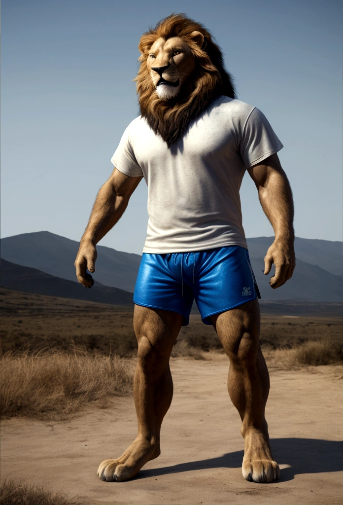 (Best quality,4K,8 k,A high resolution, masterpiece:1.2), Ultra detailed,(realistic, photorealistic, photo-realistic:1.37),a lion, male, long and light mane, Мускулистое Animal Body, wearing blue sports shorts and a white short sleeve sports T-shirt, smiling, bright colors, full length, realistic стиль, with an emotional expression, open mouth, standing straight, with the upper paws of a lion, The body of a lion покрытое шерстью, Animal Body, The body of a lion