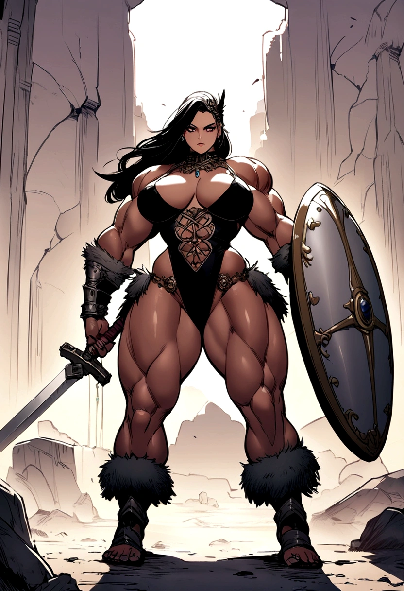 barbarian huge muscle woman wearign swords and shield
