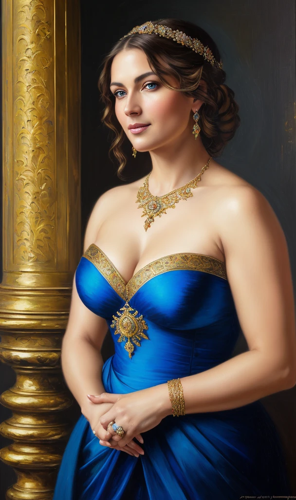 portrait, extremely gorgeous, 45 years old Woman, middle ages, thick figure, classicism, andrey atroshenko style, painting, pierced eyes, beautifully styled hair, traditional media, realistic, figurative, fine art, oil on canvas, HDR, 8K, original character, high resolution, vivid colours, high detail, focus on the face, beautiful eyes