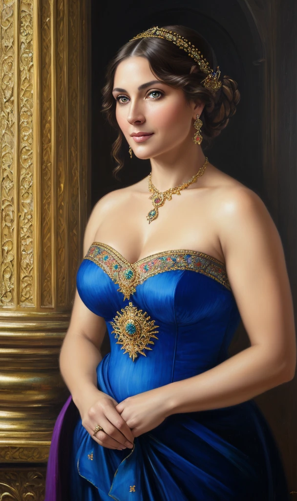 portrait, extremely gorgeous, 45 years old Woman, middle ages, thick figure, classicism, andrey atroshenko style, painting, pierced eyes, beautifully styled hair, traditional media, realistic, figurative, fine art, oil on canvas, HDR, 8K, original character, high resolution, vivid colours, high detail, focus on the face, beautiful eyes 