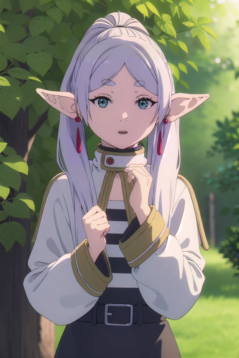 to freeze, to freeze, long hair, ponytail, (green eyes:1.5), White hair, pointed ears, elf,
BREAK shirt, long sleeves, jewelry, Tights, earrings, striped, black Tights, lure, striped shirt,
BREAK looking at viewer, upper body, whole body,
BREAK outdoors, sky, nature,
BREAK (masterpiece:1.2), Best quality, A high resolution, unity 8k wallpaper, (illustration:0.8), (beautiful detailed eyes:1.6), very detailed face, perfect lighting, extremely detailed computer graphics, (perfect hands, Ideal Anatomy),