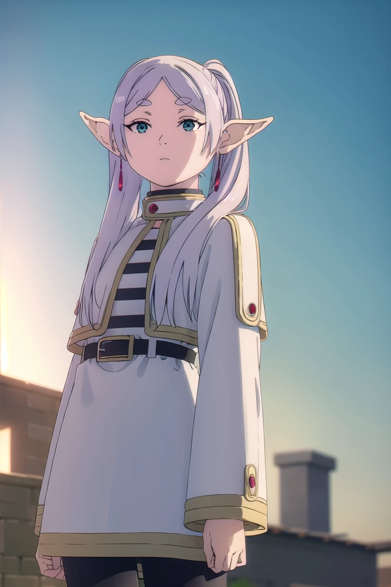 to freeze, to freeze, long hair, ponytail, (green eyes:1.5), White hair, pointed ears, elf,
BREAK shirt, long sleeves, jewelry, Tights, earrings, striped, black Tights, lure, striped shirt,
BREAK looking at viewer, upper body, whole body,
BREAK outdoors, sky, nature,
BREAK (masterpiece:1.2), Best quality, A high resolution, unity 8k wallpaper, (illustration:0.8), (beautiful detailed eyes:1.6), very detailed face, perfect lighting, extremely detailed computer graphics, (perfect hands, Ideal Anatomy),