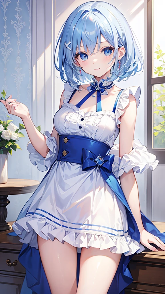 beautiful, masterpiece, Highest quality, anime, One girl, C Cup,Portrait Shot, View your viewers, Covered、Short Hair、nearby、Blue Eyes、art、、White hair,Blue streaked hair、wallpaper、hairpin、Cute smile、Thighs、、Cute、Frill dress
