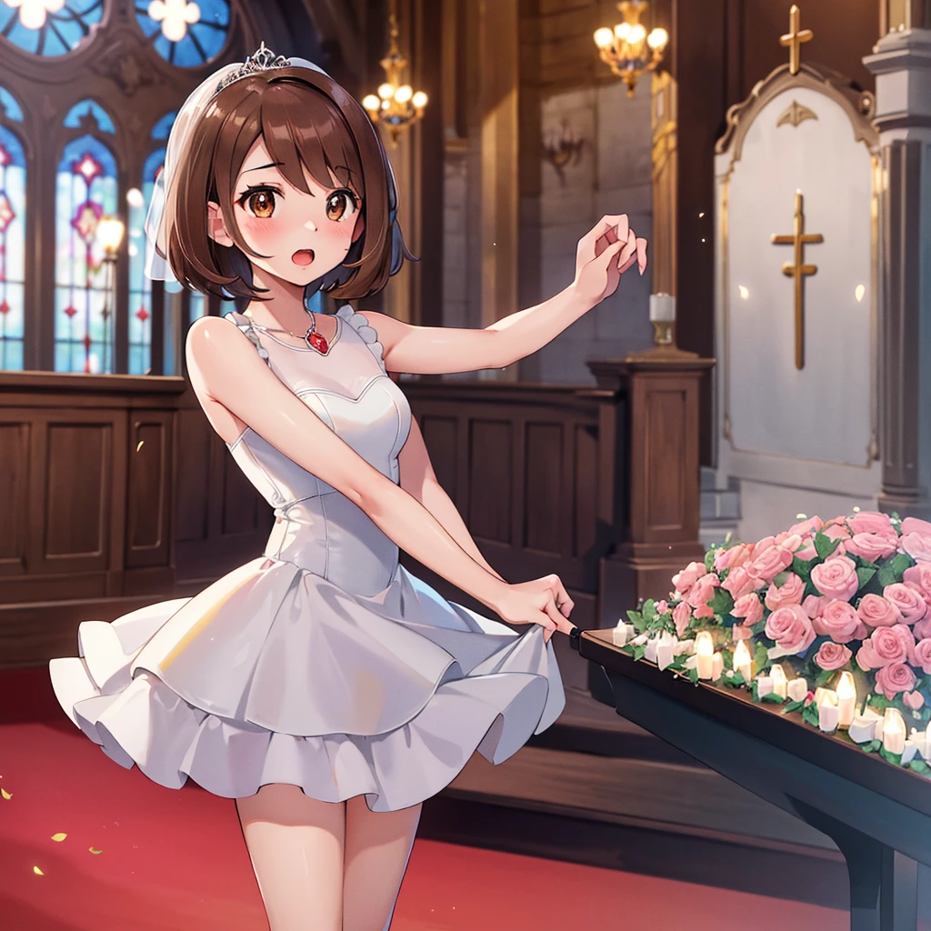 masterpiece, Highest quality, High resolution, Gloria1, 1 Girl, Gloria\(Pokémon\), Brown Hair, , Brown Eyes, , Short Hair, , Bobcut, bangs, , 　１Describe a girl carefully　１Girl　Expression in love　blush　Open Mouth　blush　church　Wedding dress（mini skirt）　