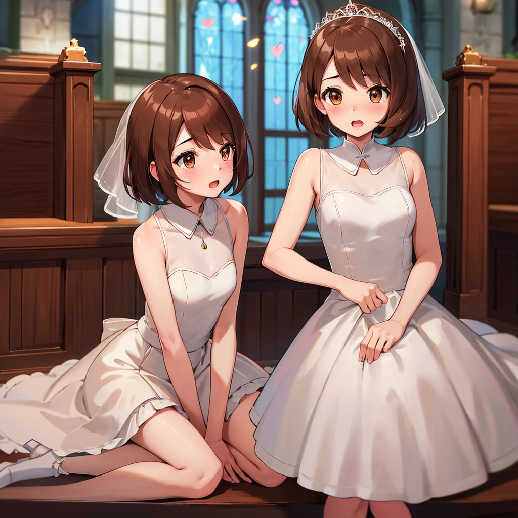 masterpiece, Highest quality, High resolution, Gloria1, 1 Girl, Gloria\(Pokémon\), Brown Hair, , Brown Eyes, , Short Hair, , Bobcut, bangs, , 1Describe a girl carefully 1Girl Expression in love blush Open Mouth blush church Wedding dress(mini skirt)