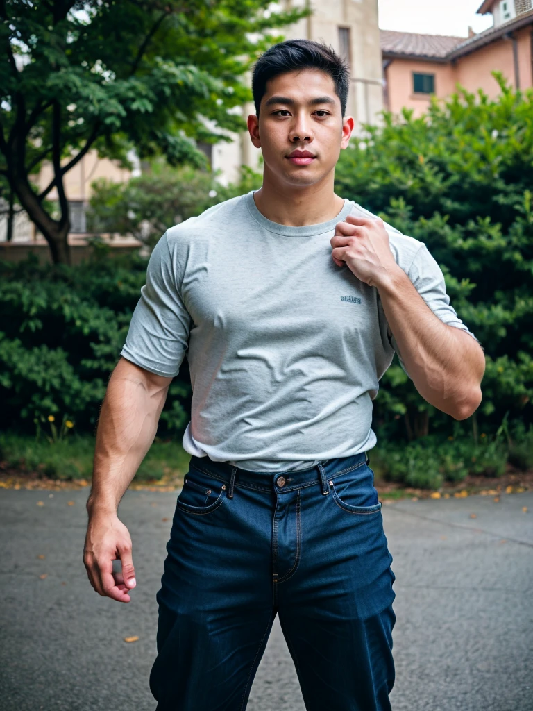 a young asian boy, 20 years old, wearing a shirt and pants, dynamic movement pose, big pecs, (best quality,4k,8k,highres,masterpiece:1.2),ultra-detailed,(realistic,photorealistic,photo-realistic:1.37),HDR,UHD,rim lighting,ultra-fine painting,sharp focus,physically-based rendering,extreme detail description,professional,soft colors,bokeh,portrait,photography